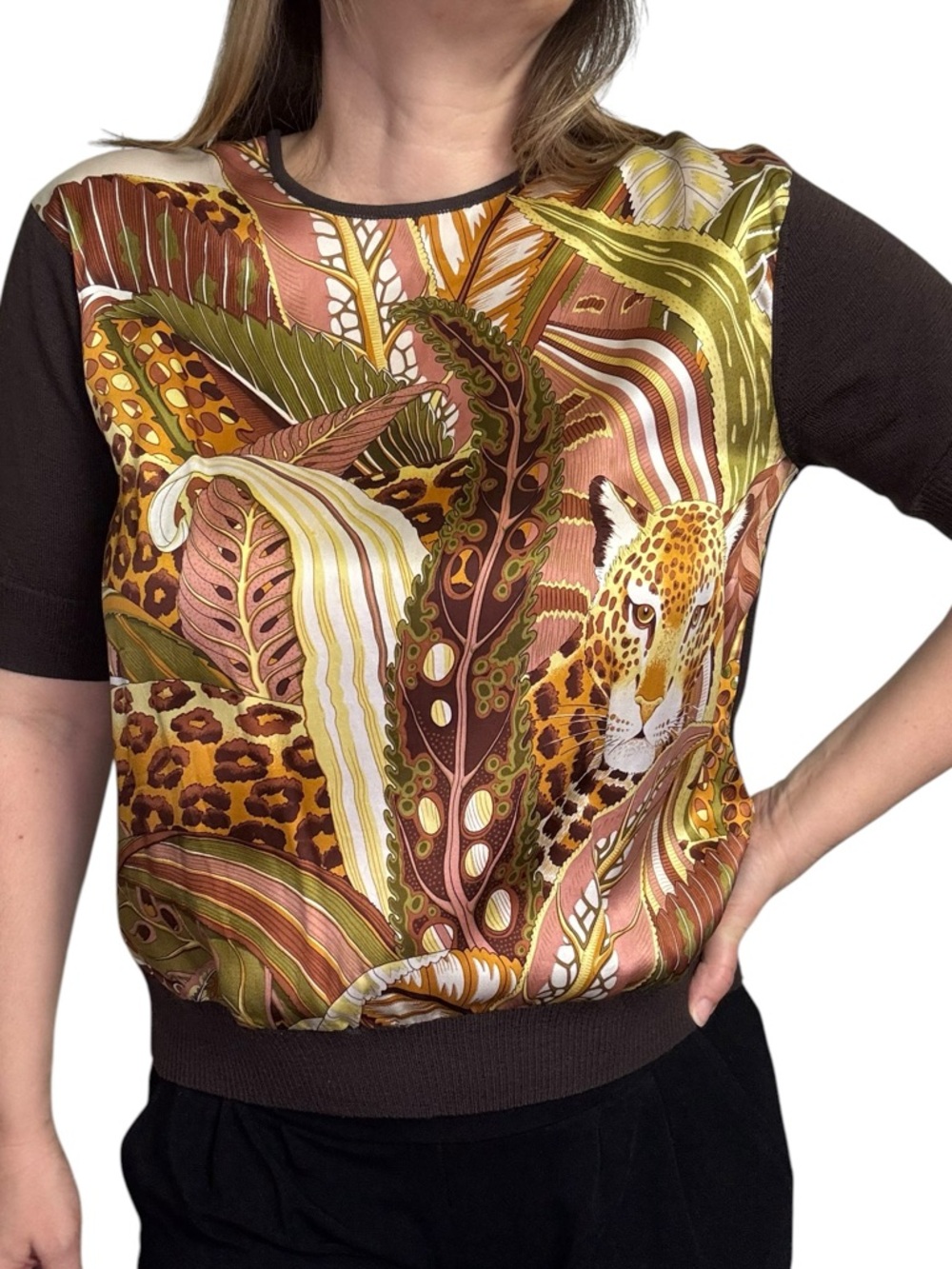 Vintage Leopard Jungle Animal Print Top Knit with Satin Front fits Size M